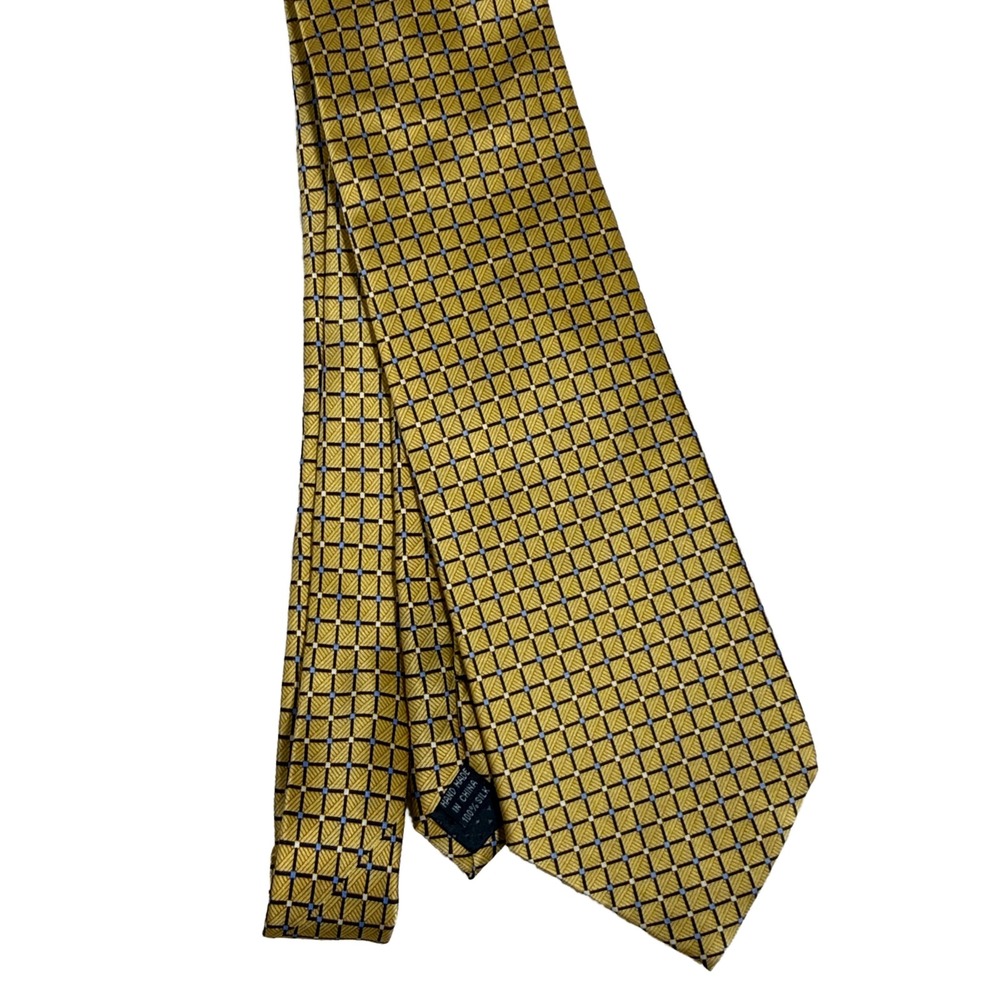 Carlo Palazzi Necktie OS Mens 100% Silk Geometric Grid Pattern Gold Blue